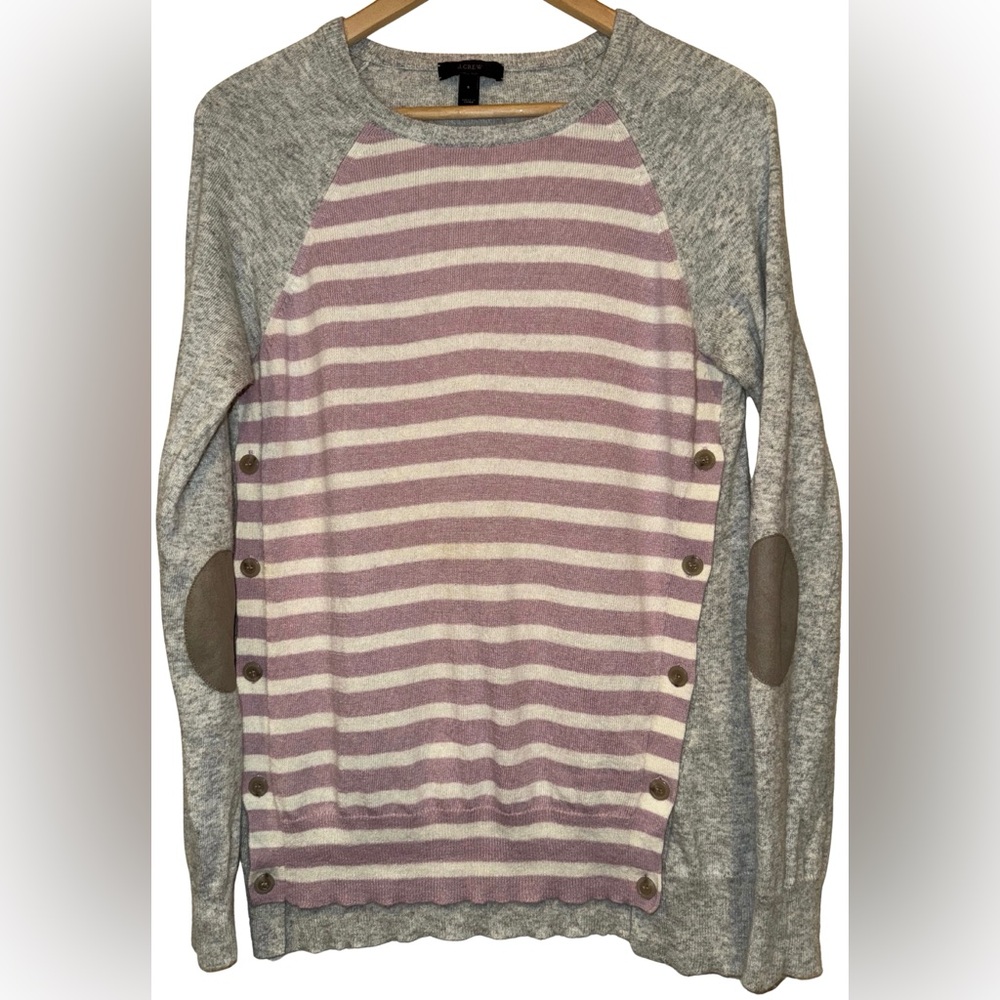 J. Crew Wool Rabbit Hair Blend Striped Sweater Size S Button Detail Elbow Patch